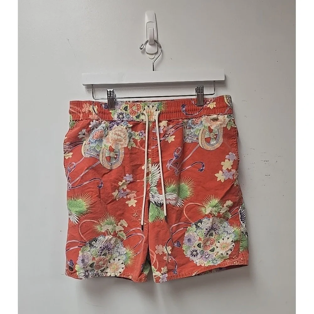 Polo Ralph Lauren Orange Floral Hawaiian Beach Swim Shorts Men's Size Medium‎